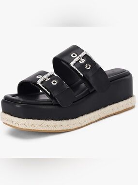 Black Buckle Platform Espadrille Slide - Women